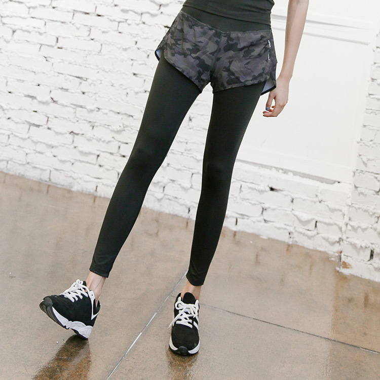 女士瑜伽长裤显瘦健身运动跑步训练九分裤假两件大码紧身速干迷彩