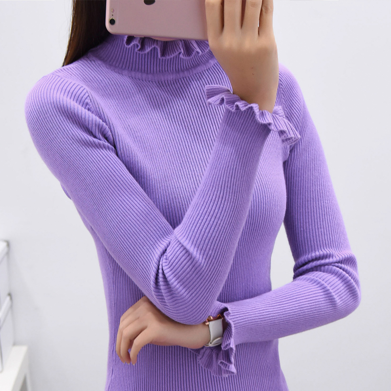 2016年 韩版秋季新款女装荷叶边高领中长款毛衣 修身打底针织衫
