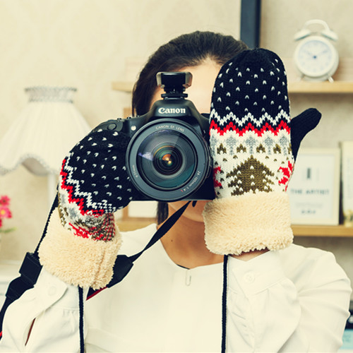 韩版冬季女加厚棉保暖针织毛线手套可爱卡通圣诞树全指手套带挂脖