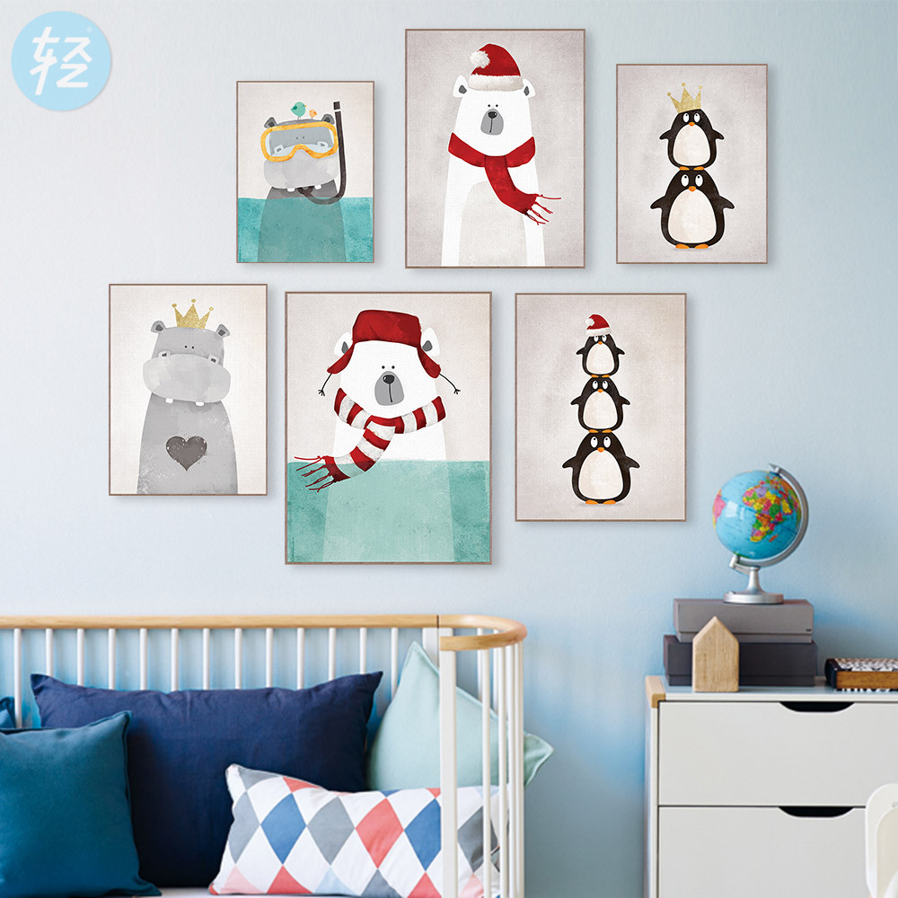 轻艺术创意动物企鹅遮盖实木装饰布画定制北欧小清新儿童房壁挂画