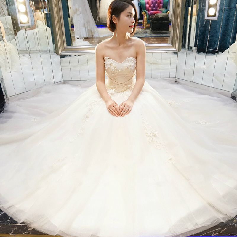 2016新款韩式简约公主甜美抹胸新娘婚纱礼服大码修身显瘦大长拖尾