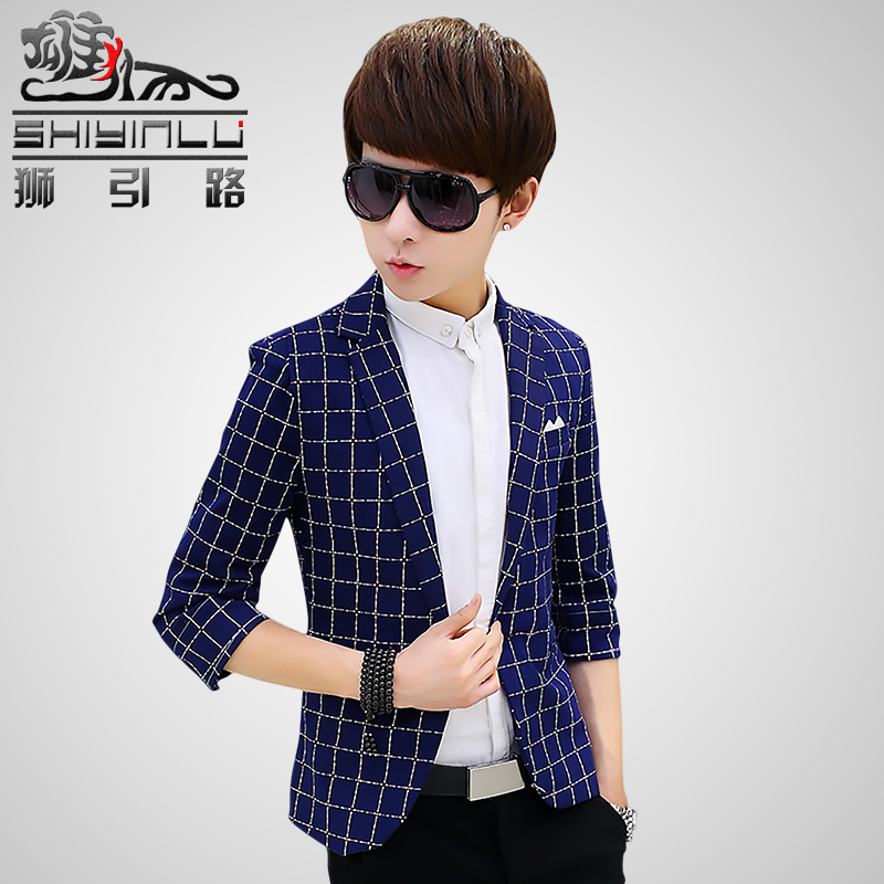 韩版男孩修身格子小西装 夏季男士薄款方格七分袖西服 青少年外套