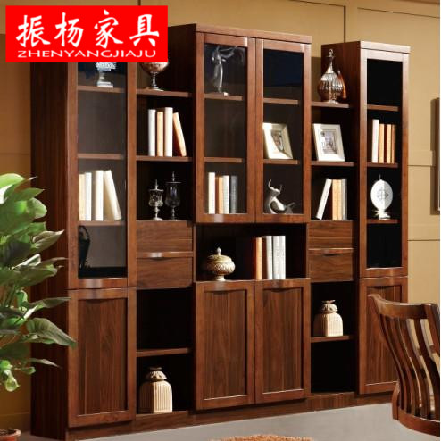新中式书柜 随意组合实木书柜 黑胡桃色实木书柜 单双门书柜 特价