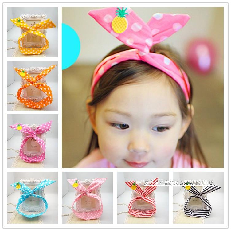 韩国同步饰品 菠萝绣花全棉兔耳朵女童发带 条纹儿童发箍