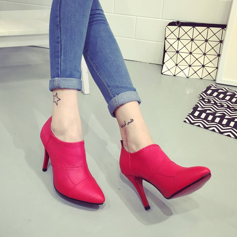 欧美尖头深口单鞋 2015秋季简约黑红俩色软面套脚高跟鞋细跟女鞋