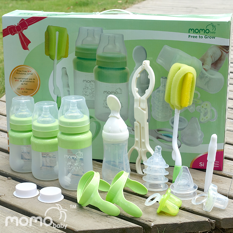 momobaby新生儿硅胶奶瓶套装礼盒装用品组合初生婴儿宝宝清洁防摔