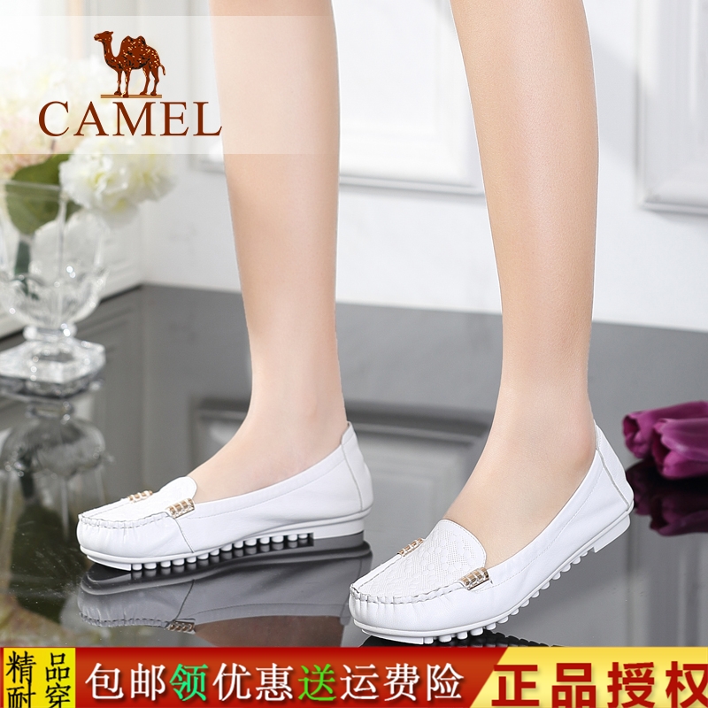 Camel/骆驼女鞋 休闲舒适 头层水染牛皮圆头低跟豆豆鞋女鞋 新款