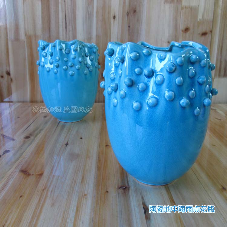 陶瓷工艺品地中海美式乡村蓝色陶瓷25CM下雨点创意仿真花真花花瓶
