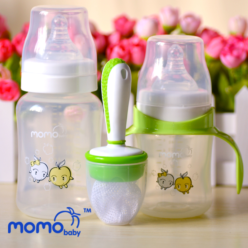 momobaby婴儿喝水奶瓶套装宽口带手柄防胀气防摔pp奶瓶新生儿用品