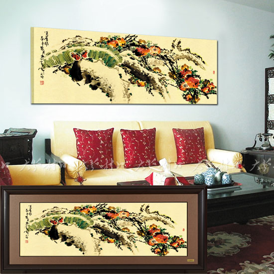 新中式装饰画元素有框画黑框画龙绣金笑口常开客厅沙发背景墙墙画
