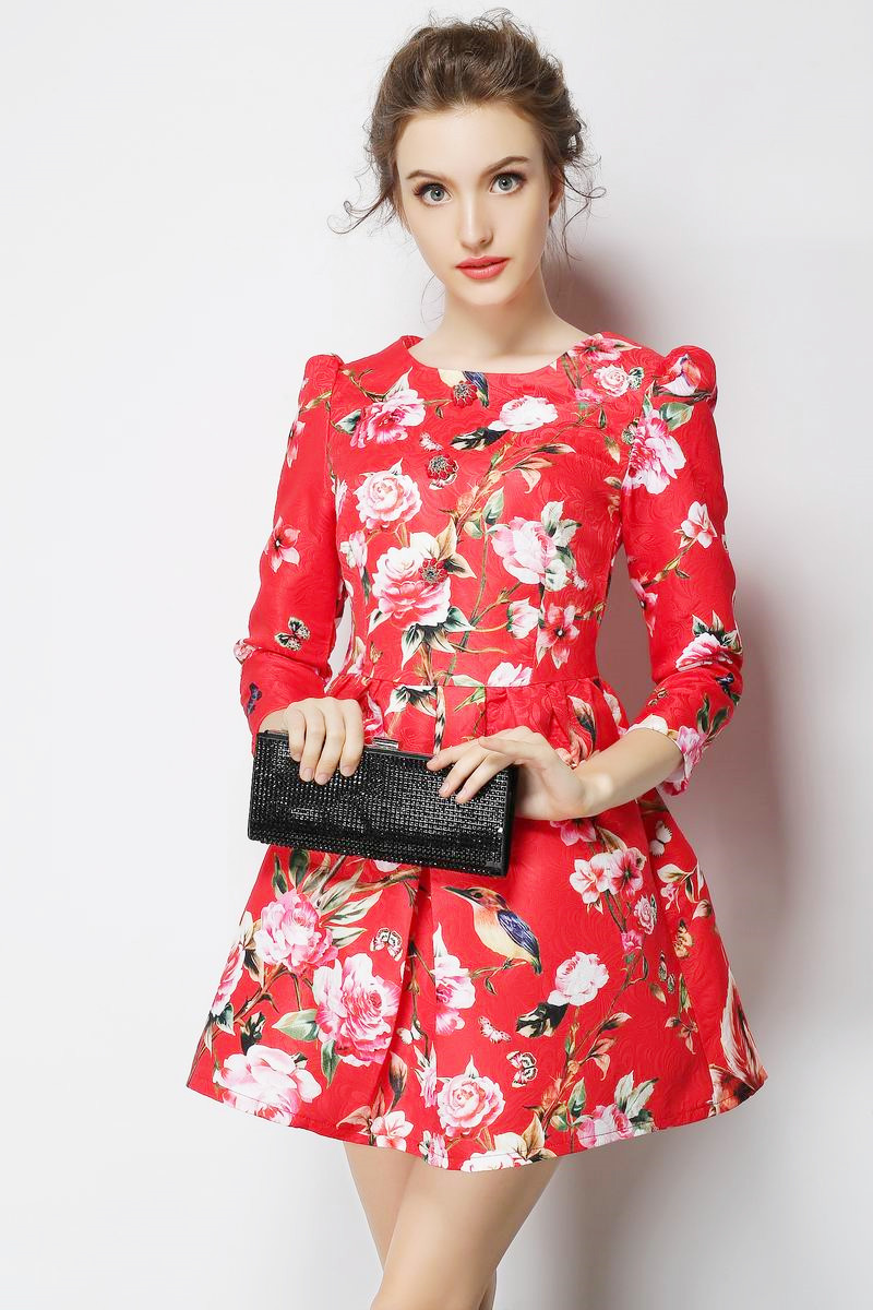 欧洲站2015秋装女装花朵印花七分袖气质提花收腰连衣裙
