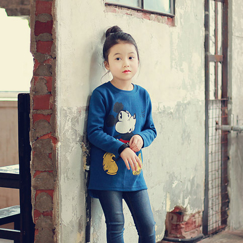 蔚思莉2016秋季韩版童装女童T恤棉米奇老鼠蓝色长袖上衣服中长款