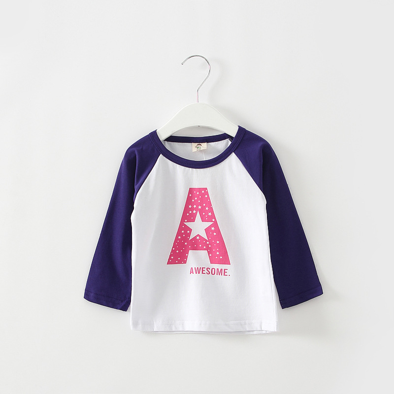 2015新款宝宝男童女童圆领印花拼袖字母长袖T恤