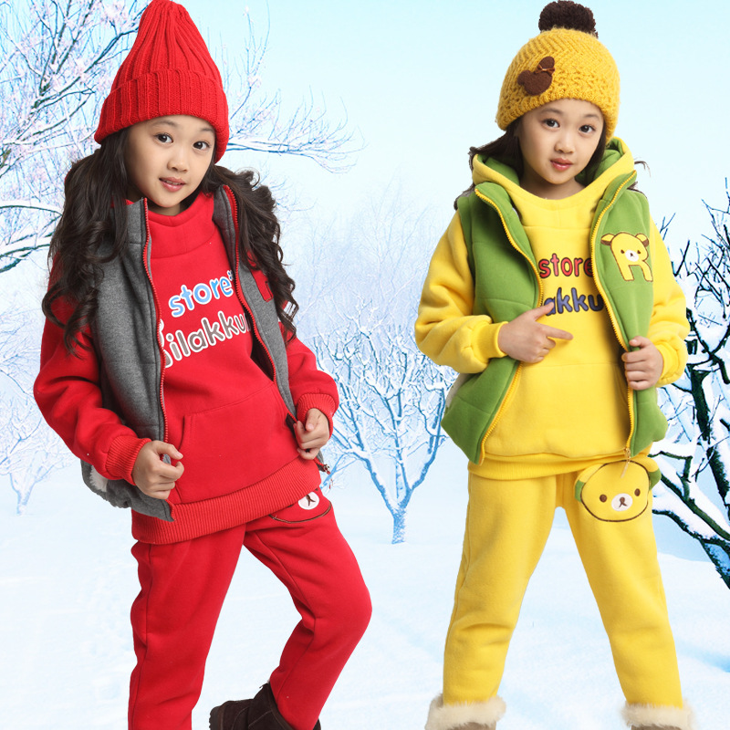 中大儿童女童冬装纯棉套装三件套长袖拉链衫韩版卡通加厚加绒卫衣