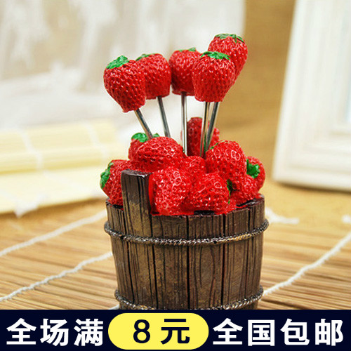 木桶草莓水果叉5支装创意韩国时尚不锈钢可爱水果叉子