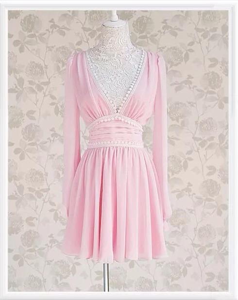 连衣裙 粉*大布娃娃 粉色V领镶拼蕾丝气质款长袖雪纺连衣裙