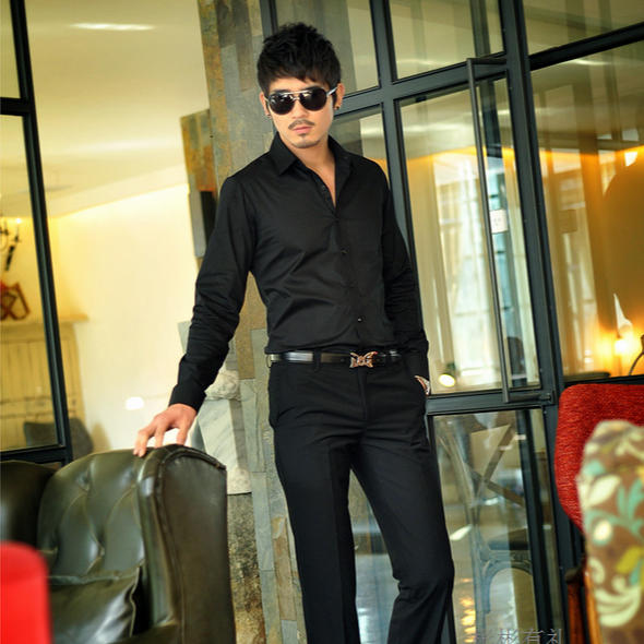 2015春秋新款韩版修身休闲男长袖衬衫黑白色时尚发型师潮男士衬衣