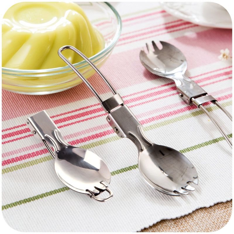 居家家 可折叠优质不锈钢带叉子汤勺 便捷旅行餐具多功能勺子叉子