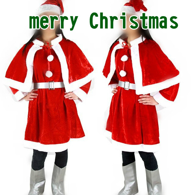 圣诞节衣服成人女士高档套装表演衣服 带披肩 短毛绒边 圣诞老人