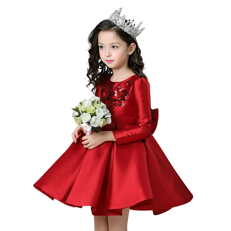 女童公主加绒长袖礼服裙儿童红色秋冬裙表演蓬蓬连衣裙主持礼服裙
