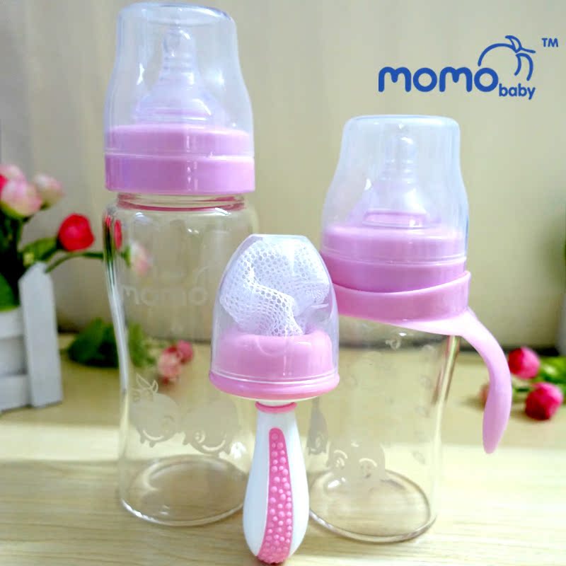 momobaby婴儿喝水套装宽口径带手柄防胀气实感玻璃奶瓶送果汁牙胶