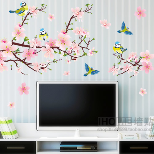 可移除墙贴 雀上枝头 客厅卧室电视沙发背景墙壁贴中国风中式桃花