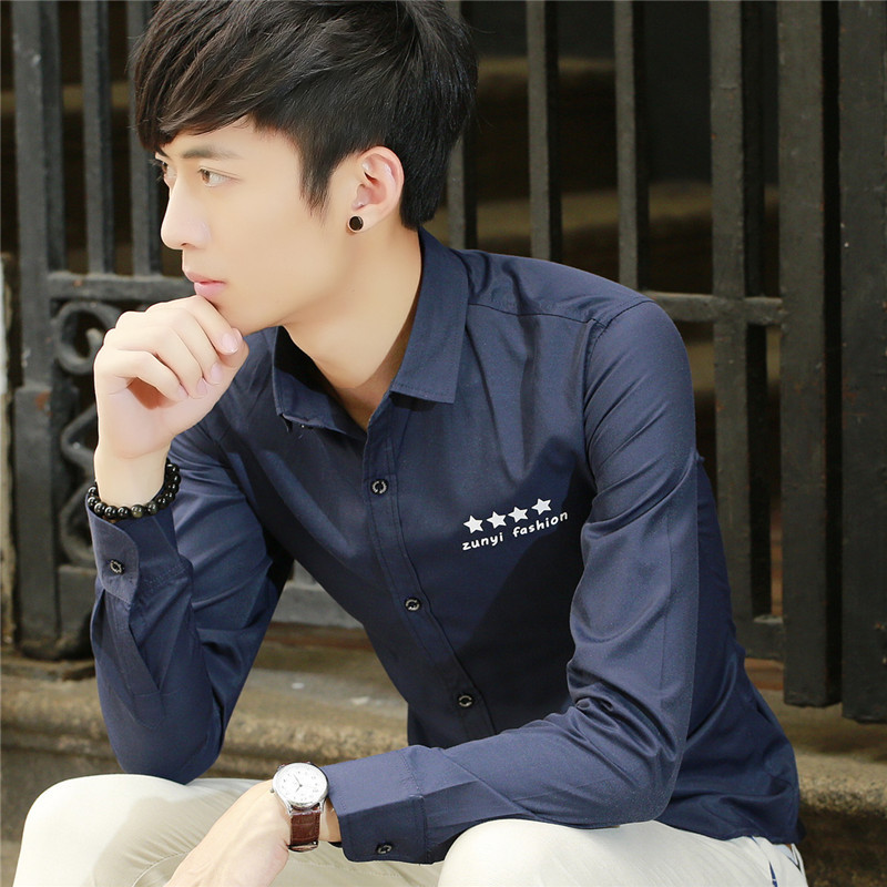 春季时尚男装薄款男式衬衫韩版纯色修身休闲印花男士长袖衬衫衬衣