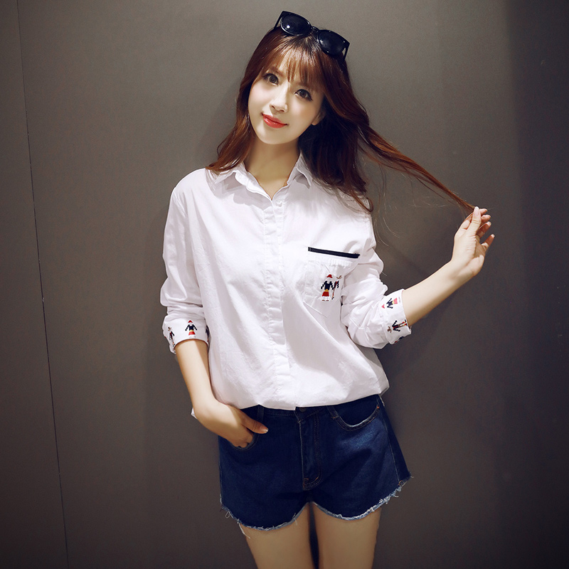 2015韩版新品修身中长款纯棉长袖衬衣秋装上衣