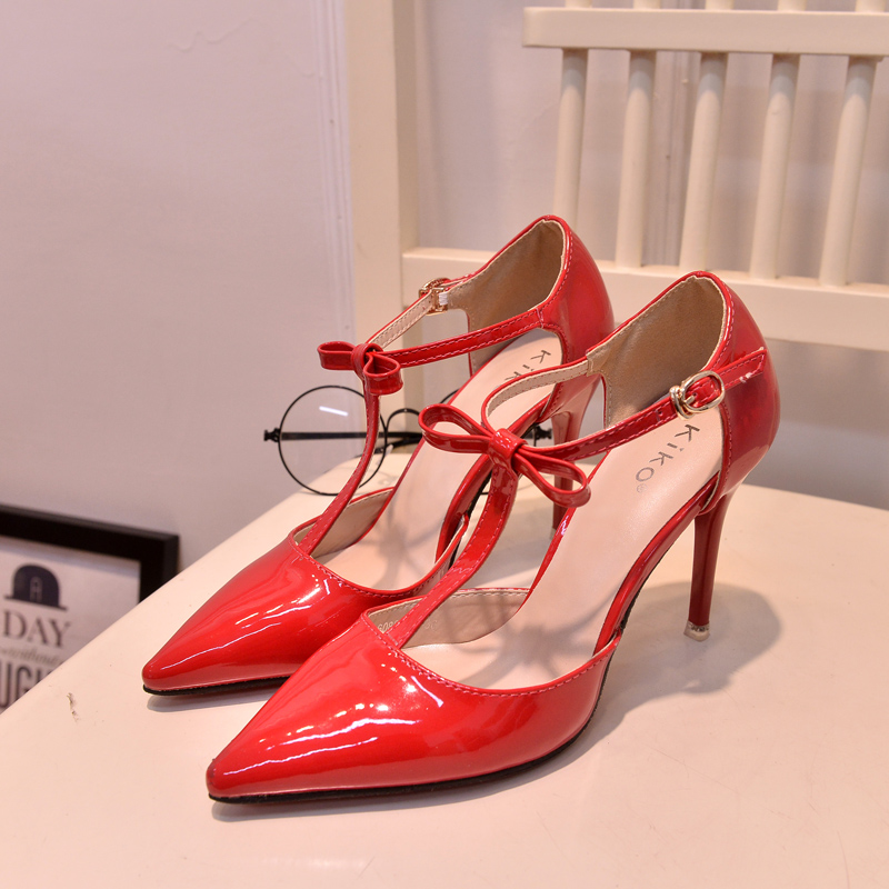 2015春新款T字型高跟鞋尖头细跟红色蝴蝶结丁字鞋一字扣带女单鞋