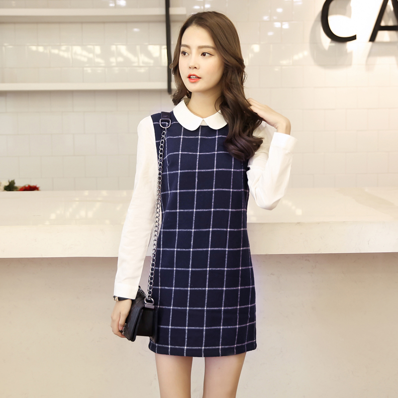 韩国新款2015秋装女装收腰显瘦甜美娃娃领格子长袖连衣裙打底包臀