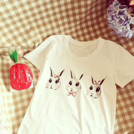 夏季女装新款甜美小兔子印花可爱棉短袖T恤新款白色百搭韩版2015