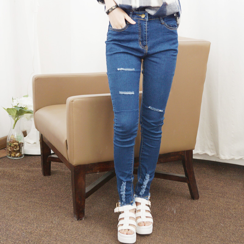 2015东大门新款牛仔裤韩版修身显瘦磨破洞做旧牛仔长裤女