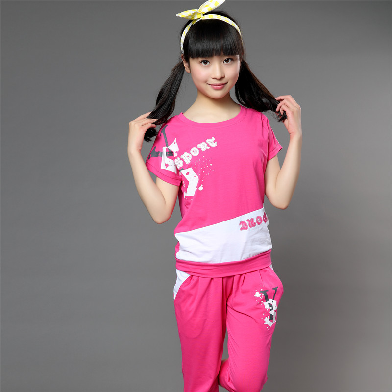 童装2015新款亲子装夏装女童女孩短袖T恤7-9-10岁儿童运动两件套
