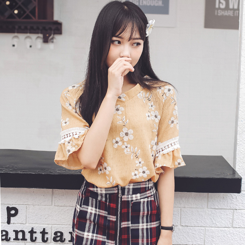 小鱼love安娜 2016韩国东大门夏季新款女装韩版V领短袖棉麻衬衫