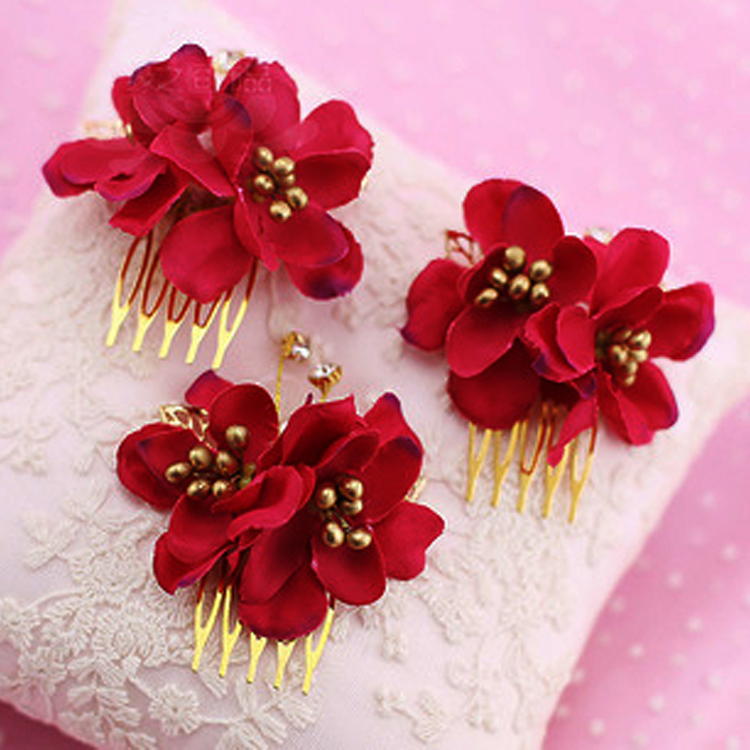 新娘头花插梳韩式手工花朵红色婚礼发饰结婚头饰礼服饰品