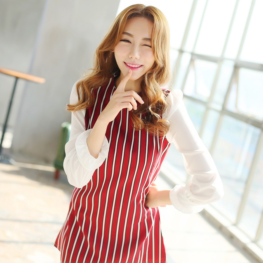 包邮爆款厂家直销2015韩版女装春装新款条纹高档长袖雪纺连衣裙