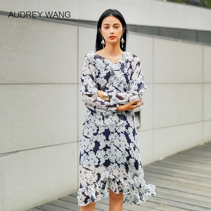 AudreyWang2017夏装新款原创欧美风时尚优雅藏青灰花荷叶连衣裙女