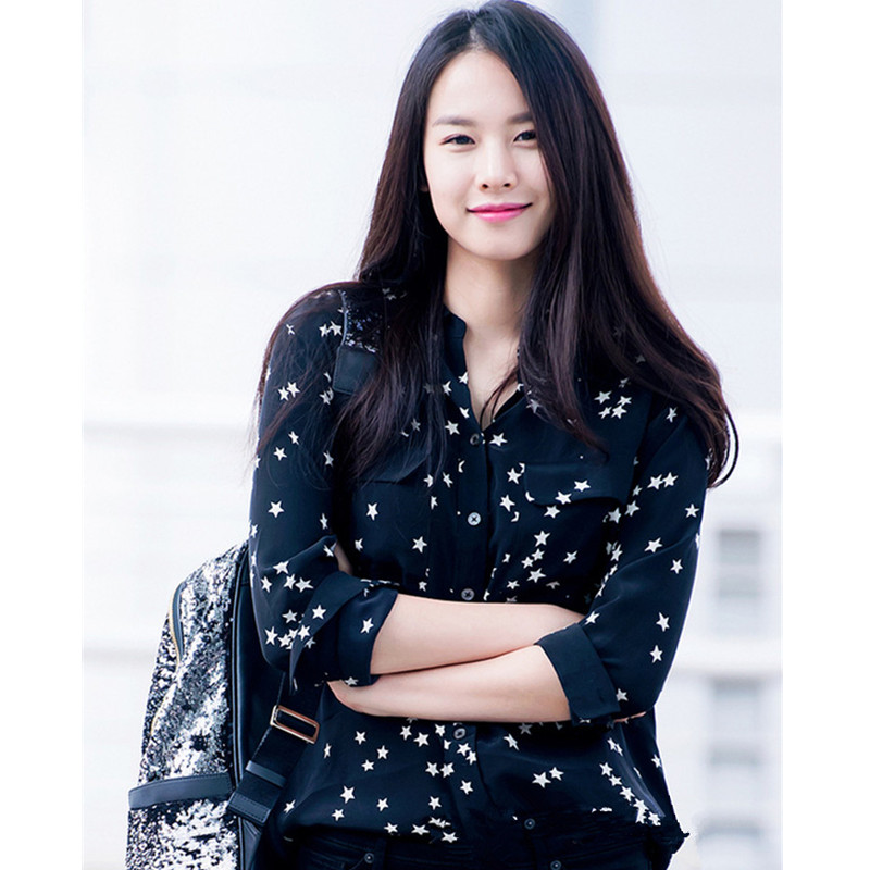 2016秋季新款韩版女式衬衣尹恩惠明星同款星星真丝长袖衬衫女装