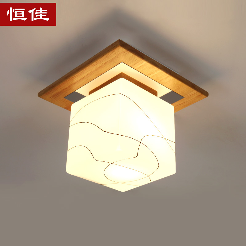 HJ 日式实木吸顶灯 单头方形玻璃过道走廊阳台LED艺术顶灯原木灯