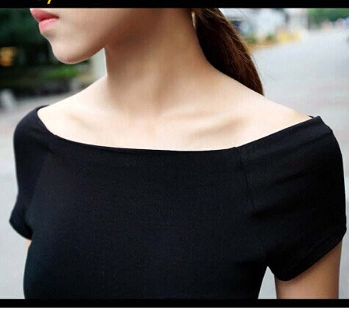 韩版春夏装短袖女士T恤紧身性感露肩一字领上衣服短款百搭打底衫