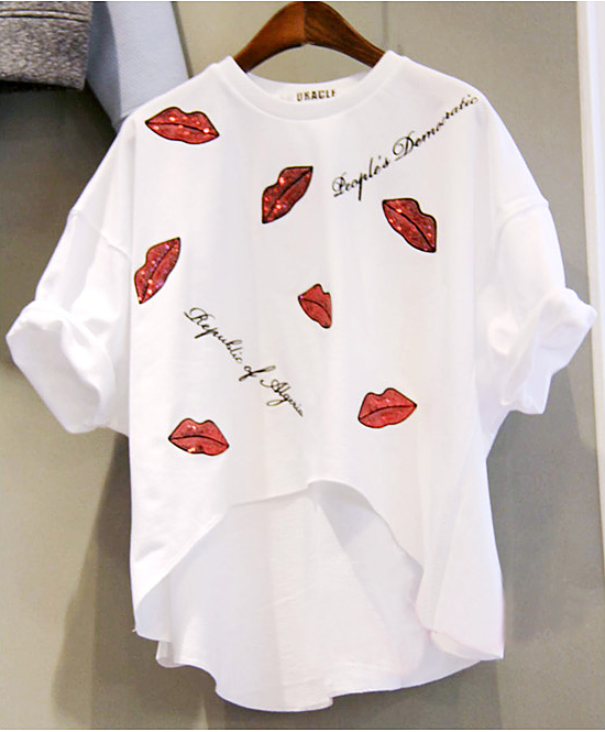 韩国东大门代购2015春夏装新款印花红唇印字母宽松短袖T恤打底衫