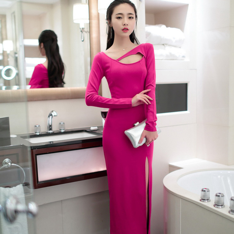 韩语琳2015新款名媛女装性感镂空露背长袖包臀修身连衣裙长裙开叉