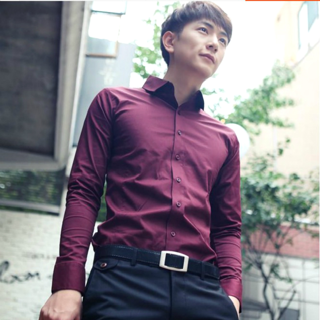 包邮春季男士衬衫商务韩版修身酒红色结婚伴郎薄款纯色白长袖衬衣