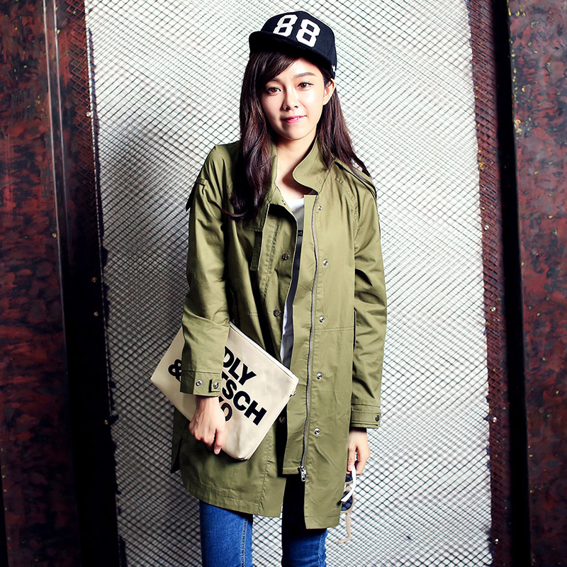 2015秋韩版女装 纯棉质感 军绿 中长款 风衣外套 插肩袖 休闲宽松