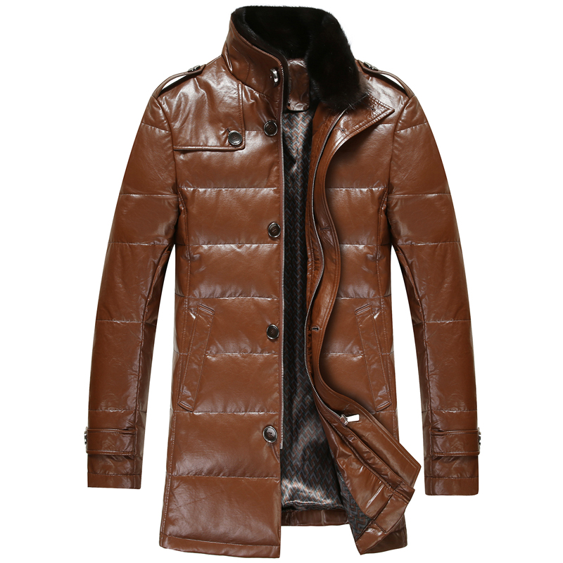 2015冬装海宁皮衣羽绒服男士中长款修身水貂毛领皮夹克中年男外套