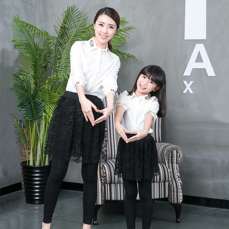 2016春秋新款专柜亲子装套装母女装经典黑白色衬衫蕾丝裤裙两件