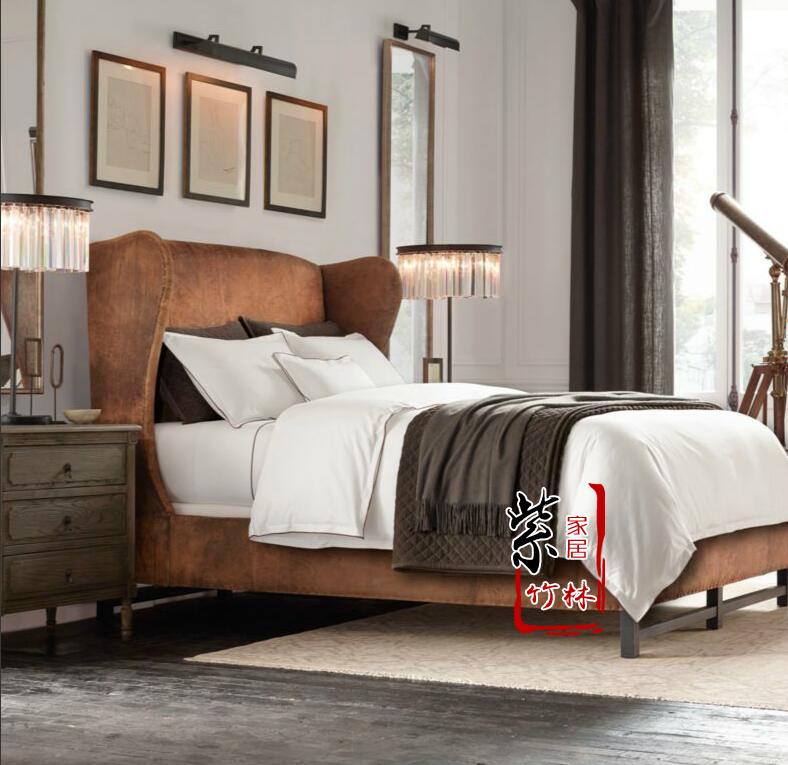 美式复古皮艺软包床 欧式法式卧室高背床双人床酒店会所软包床