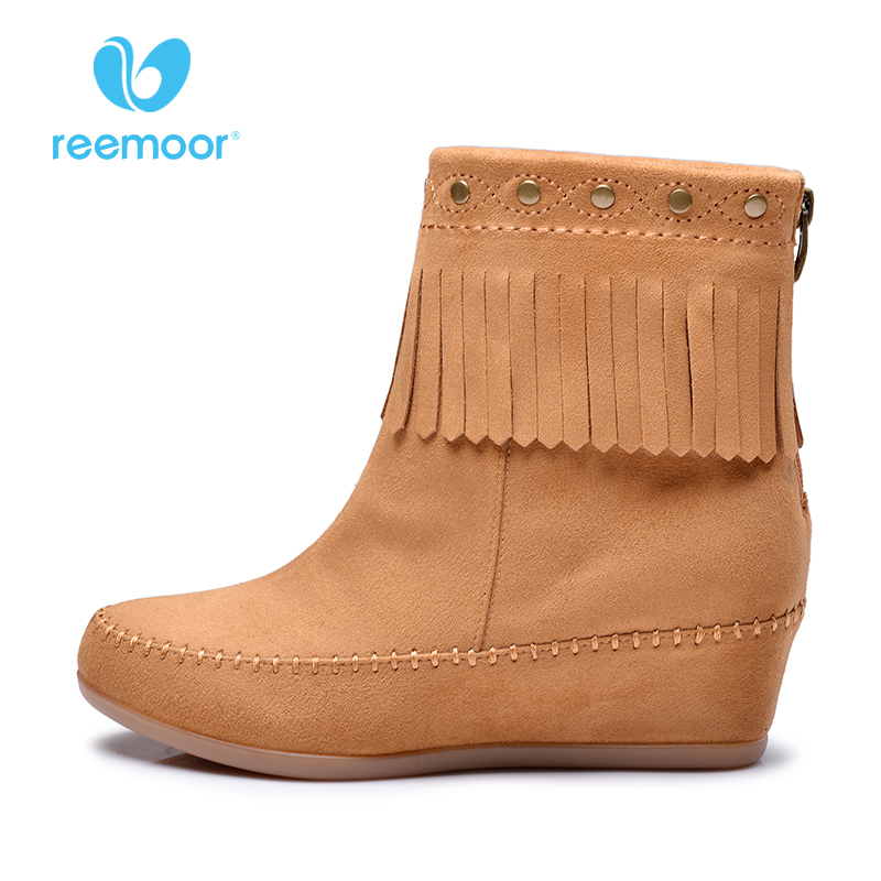 REEMOOR2016新款靴子冬季女鞋磨砂流苏内增高平底绒面短靴25E306