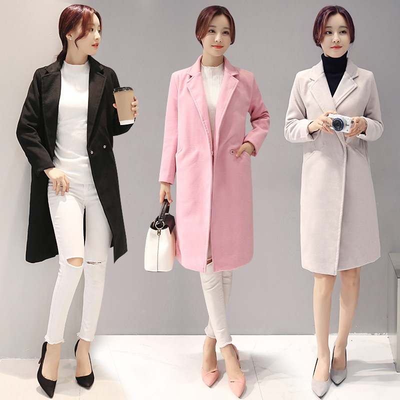 2016秋季韩版新款毛呢大衣女长袖宽松显瘦中长款一粒扣双面呢外套