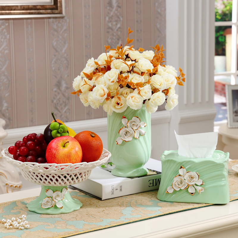 欧式高档创意现代陶瓷花瓶摆件纸巾盒简约果盘家用茶几套装装饰品